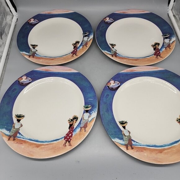 GABBAY CARIBBEAN Dinner Plate 10 3/4" Island People Ceramic Set 4 Beach Ocean - Picture 1 of 6